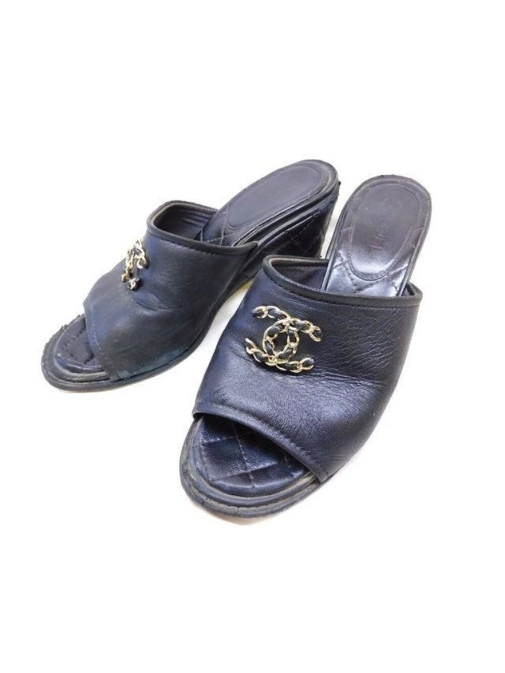 Chanel c CC Logo Sandals Black Leather Shoes Mani 36